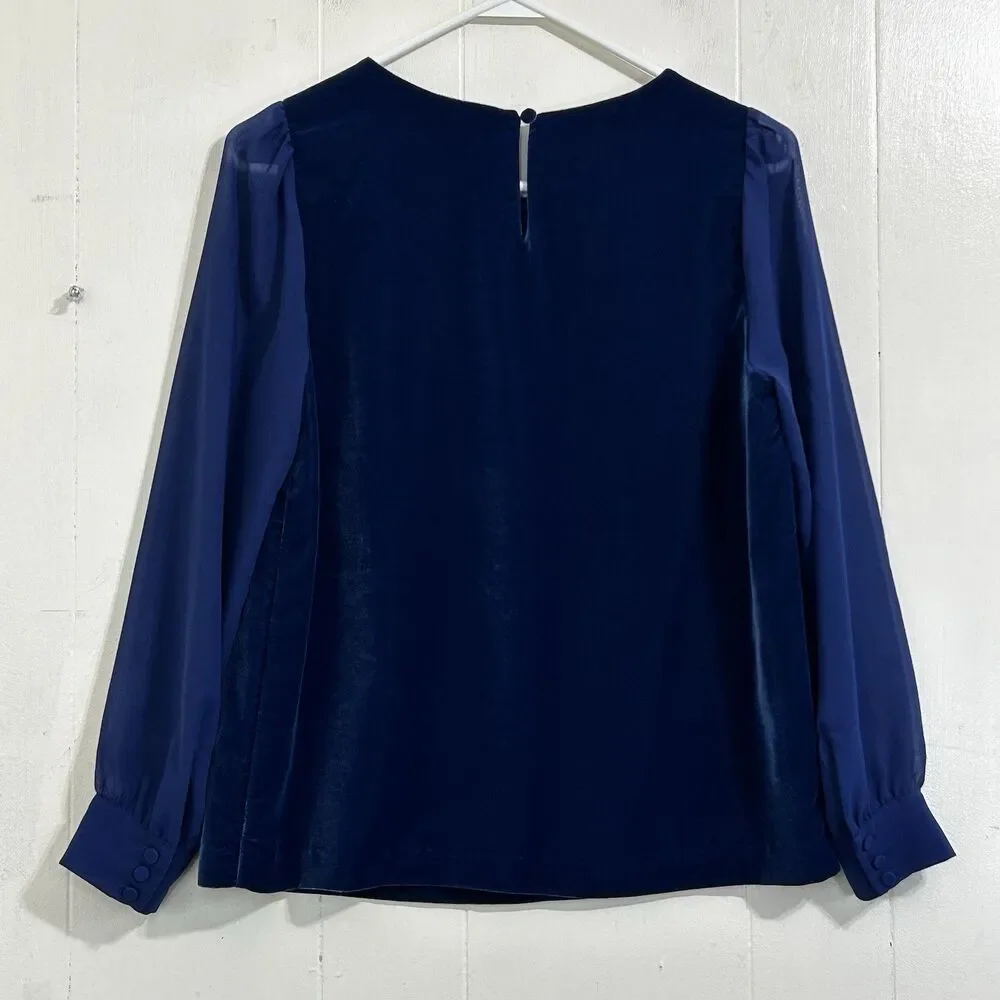 J.Crew Velvet Puff-Sleeve Top Size XXS Blue Round Necklace Pullover Blouse Top